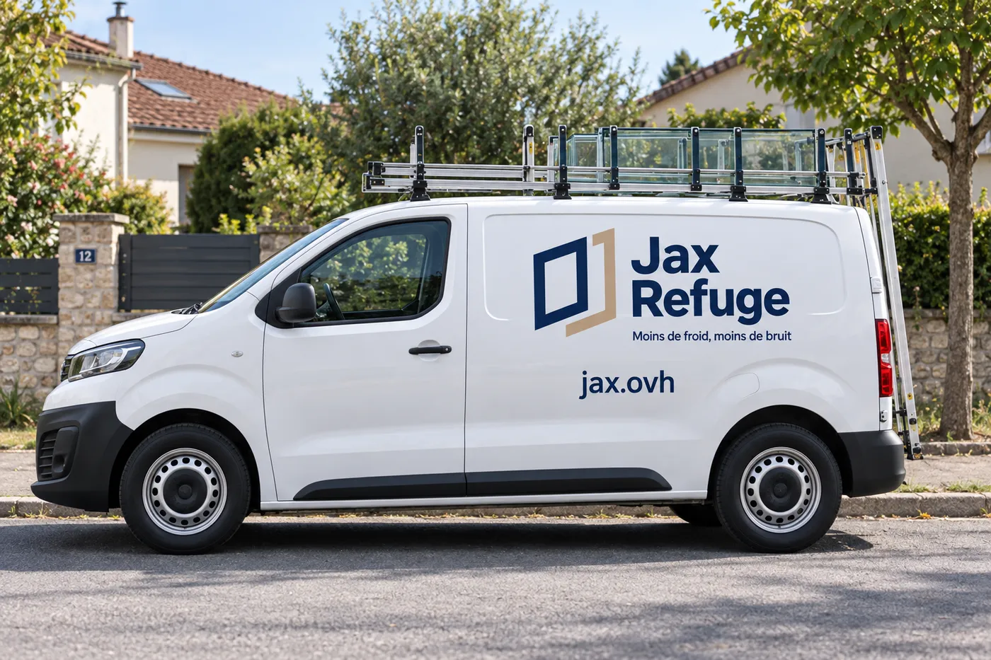 Utilitaire blanc Jax Refuge siglé jax.ovh, avec galerie de transport de vitrages, garé dans une rue pavillonnaire de l'Essonne